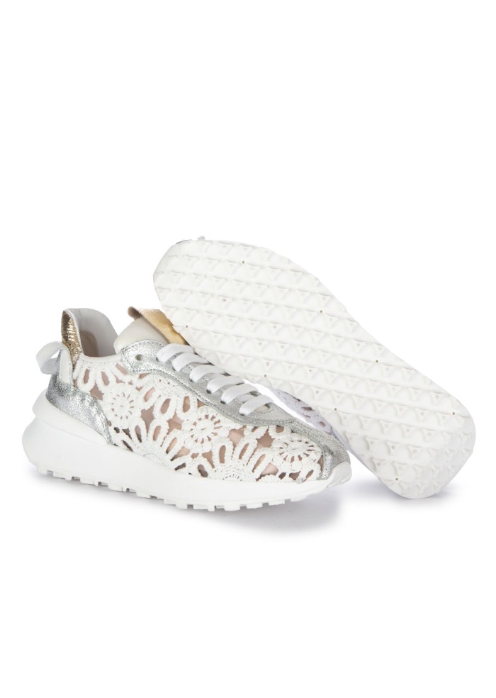 sneakers donna juice pizzo pelle bianco argento