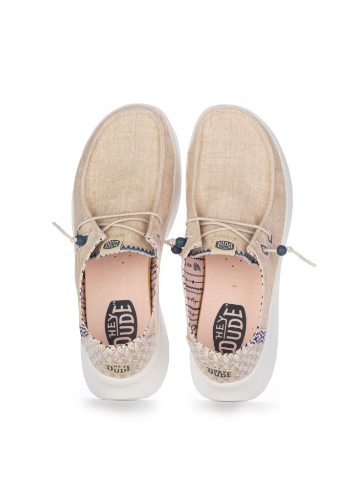 womens flat shoes hey dude wendy peak chambray woven beige